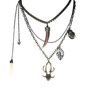 Claire’s Layered Charm Necklace – Gothic Forest Totem Style w/ Antler, Fang, Lea